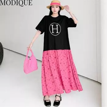 MODIQUE Лето Плюс Размер Женщины Свободные Универсальный Принт Лоскутная Плиссированная Хлопковая Футболка Длинные Платья Женские Повседневные Платья С Коротким Рукавом О-Образным Вырезом XL чёрный