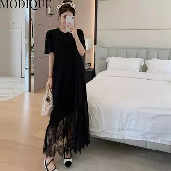 MODIQUE Лето Плюс Размер Женщины Свободные Универсальные Трапеции Сплошной Цвет Лоскутная Кружева Плиссированные Хлопчатобумажные Футболки Длинные Платья Женское Повседневное Платье С Коротким Рукавом XL чёрный