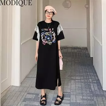 MODIQUE Лето Плюс Размер Женщины Свободные Универсальные Трапеции С Принтом Медведя Кружева Лоскутное Сплит Хлопок Длинные Платья Женские Повседневные Платья С Коротким Рукавом О-Образным Вырезом XL чёрный