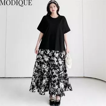 MODIQUE Лето Плюс Размер Женщины Свободные Универсальные Цветочные Принты Лоскутная Хлопковая Футболка Длинные Платья Женские Повседневные Платья С Коротким Рукавом О-Образным Вырезом XL чёрный