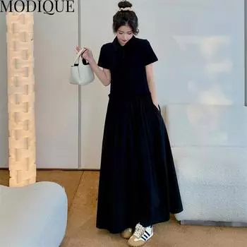 MODIQUE Лето Плюс Размер Женщины Свободные Универсальные Трапеции Оверсайз Сплошной Цвет Хлопок ПОЛО Футболка с Воротником Длинные Платья Женские Повседневные Платья С Коротким Рукавом XL чёрный