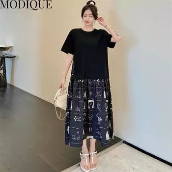 MODIQUE Лето Плюс Размер Женщины Свободные Универсальный Принт Макет Из Двух Частей Лоскутная Хлопковая Футболка Длинные Платья Женские Повседневные Платья С Коротким Рукавом О-Образным Вырезом XL чёрный