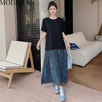 MODIQUE Лето Плюс Размер Женщины Свободные Универсальные Трапеции с цветочным принтом Лоскутная плиссированная футболка Длинные платья Женские повседневные платья с коротким рукавом и круглым вырезом