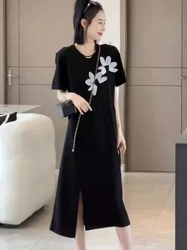 MODIQUE Лето Плюс Размер Женщины Свободные Универсальные Трапеции Минималистский Цветочный Разрез Футболка Длинное Платье Женские Повседневные Оверсайз Короткие Рукава О-Образным Вырезом Платья XL чёрный