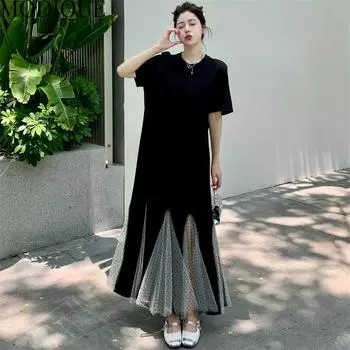 MODIQUE Лето Плюс Размер Женщины Свободные Универсальные Сетчатые Лоскутные Плиссированные Платья Русалки Женские Повседневные Длинные Платья С Коротким Рукавом и О-Образным Вырезом XL чёрный