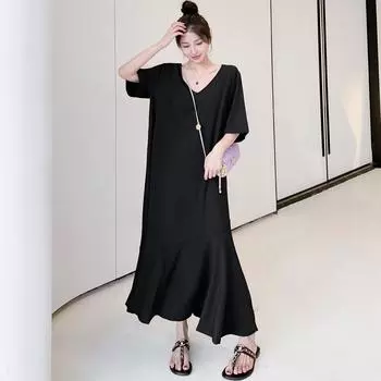 MODIQUE Лето плюс размер женское свободное универсальное минималистское длинное платье русалки женское повседневное однотонное хлопковое платье оверсайз с коротким рукавом и v-образным вырезом XL чёрный