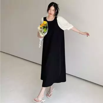 MODIQUE Лето плюс размер женское свободное универсальное сладкое трапециевидное лоскутное платье из двух частей с пышными рукавами длинное платье женское повседневное хлопковое платье оверсайз с круглым вырезом XL чёрный