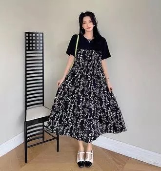 MODIQUE Лето Плюс Размер Женское Свободное универсальное трапециевидное платье из двух частей с цветочным принтом Женское повседневное хлопковое платье оверсайз с короткими рукавами и круглым вырезом XL чёрный