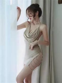 MODIQUE, новая женская ночная рубашка, сексуальная шелковая ночная рубашка с открытой спиной и v-образным вырезом, ночная рубашка на подтяжках, униформа, искушение, прозрачная домашняя одежда без рукавов one size чёрный