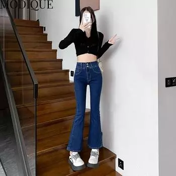 MODIQUE Осень Большие размеры Новые женские брюки-клеш Базовые эластичные брюки Полная длина Женские повседневные длинные джинсы с высокой талией Женские джинсовые брюки L синий