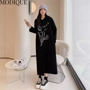 MODIQUE Осень Плюс Размер Новые Женские Основы Свободные Цветочные Хлопковые Длинные Платья с Капюшоном Леди Оверсайз Повседневная Юбка С Длинным Рукавом О-Образным Вырезом Зима XL чёрный