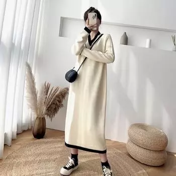 MODIQUE осень плюс размер новые женские свободные базовые модели милый V-образный вырез вязаный свитер длинные платья женская повседневная юбка с длинным рукавом XL белый