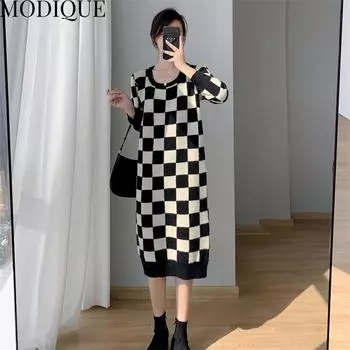 MODIQUE Осень Плюс Размер Женщин Свободные Базовые Вязание Клетчатый Свитер Длинные Платья Женский Оверсайз Повседневный Длинный Рукав О-Образным Вырезом Юбка XL чёрный/белый