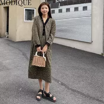 MODIQUE Осень Плюс Размер Женщины Свободные Сексуальные Леопардовые Пуговицы Украшения Длинные Платья Женские Основы Повседневная Хлопок Платье С Длинным Рукавом и V-образным Вырезом XL зелёный