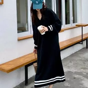 MODIQUE Осень Зима Плюс Размер Женщин Свободные Базовые Вязаные Прямые Клетчатые Свитера Длинные Платья Женская Повседневная Юбка С Длинным Рукавом и V-образным Вырезом XL чёрный