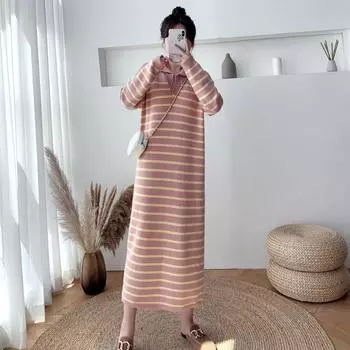 MODIQUE осень зима плюс размер женские свободные базовые вязаные полосатые поло свитер длинные платья женская повседневная милая юбка с длинным рукавом XL чёрный