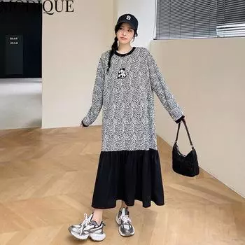 MODIQUE осеннее женское свободное платье больших размеров с леопардовым принтом в стиле пэчворк и вышивкой, драпированное длинное платье, женское базовое хлопковое платье с длинным рукавом и круглым вырезом XL чёрный