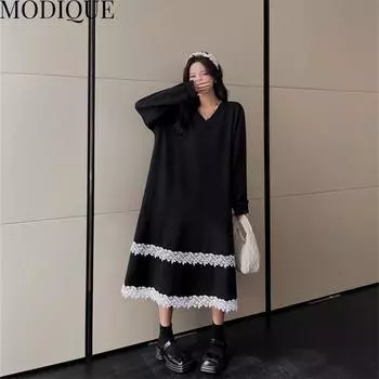 MODIQUE, осенние большие размеры, новые женские свободные базовые платья трапециевидной формы в стиле пэчворк, кружевные длинные платья, женские повседневные хлопковые платья с v-образным вырезом и длинными рукавами