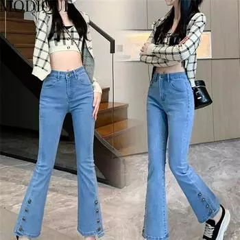 MODIQUE, осенние большие размеры, новые женские базовые эластичные брюки-клеш, длинные брюки-клеш, женские повседневные длинные джинсовые джинсы с высокой талией L синий