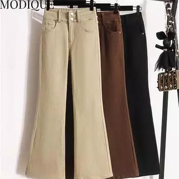 MODIQUE, осенние большие размеры, новые женские базовые эластичные брюки-клеш, женские брюки-клеш с высокой талией, длинные брюки-клеш, женские повседневные длинные джинсовые джинсы L чёрный