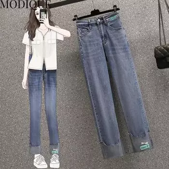 MODIQUE Осенние Большие размеры Новые женские эластичные прямые брюки до щиколотки Женские базовые повседневные джинсовые джинсы полной длины Женские длинные хлопковые брюки L синий