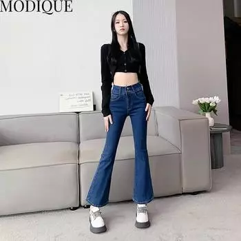 MODIQUE, осенние большие размеры, новые женские базовые эластичные брюки с необработанными краями, длинные женские повседневные длинные джинсы с высокой талией, женские джинсовые брюки L синий