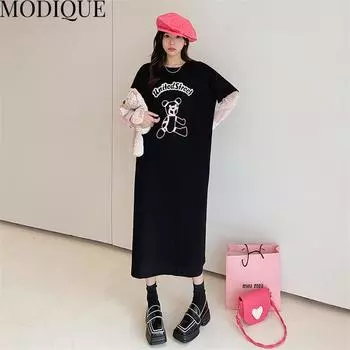 MODIQUE, осенние новые длинные платья больших размеров, женские свободные милые платья с мультяшным принтом, женские базовые повседневные юбки с длинными рукавами и круглым вырезом XL чёрный