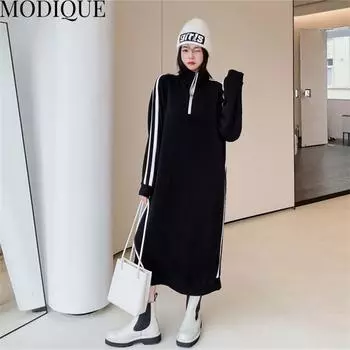 MODIQUE Весенние Большие размеры Новые женские свободные плюшевые утолщенные длинные платья с воротником-стойкой и воротником-стойкой в полоску Женские основы Повседневные хлопковые платья с длинными рукавами XL чёрный