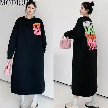 MODIQUE Весенние Большие размеры Новые женские свободные ромбовидные пресс-длинные платья с буквенным принтом Женские базовые повседневные хлопковые платья с длинными рукавами и круглым вырезом