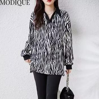MODIQUE Весна Лето Большие размеры Новые женские свободные винтажные блузки в полоску под зебру Рубашки женские шифоновые повседневные оверсайз с длинными рукавами и v-образным вырезом XL белый