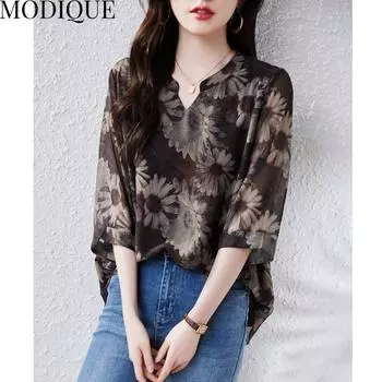 MODIQUE Весна Лето Большие размеры Новые женские свободные винтажные хлопковые льняные кружевные блузки с цветочным принтом Рубашки женские повседневные оверсайз с длинными рукавами и v-образным вырезом Футболка XL чёрный