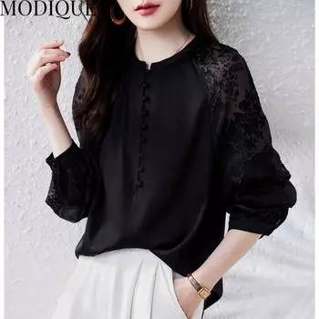 MODIQUE Весна Лето Большие размеры Новые женские свободные винтажные шифоновые кружевные блузки с цветочным принтом Рубашки женские повседневные оверсайз с длинными рукавами и круглым вырезом Футболка XL чёрный