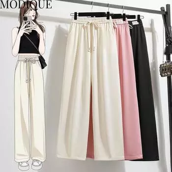 MODIQUE Весна Лето Большие размеры Новые женские свободные повседневные хлопковые прямые длинные брюки Спортивные штаны Женские универсальные базовые широкие брюки длиной до щиколотки L чёрный