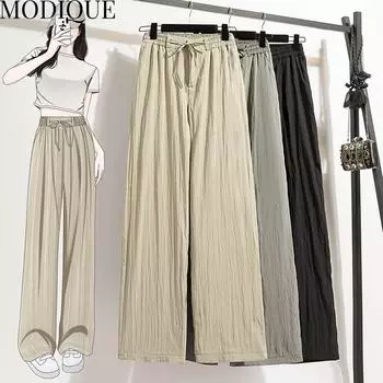 MODIQUE Весна Лето Большие размеры Новые женские свободные длинные льняные прямые брюки Спортивные штаны Женские повседневные базовые широкие брюки длиной до щиколотки L чёрный