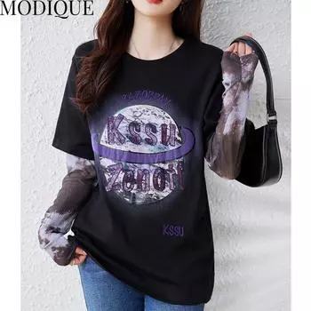 MODIQUE Весна Лето Большие размеры Новые женские свободные базовые футболки с буквенным принтом и вышивкой, женские повседневные футболки с длинным рукавом и круглым вырезом, блузка L чёрный