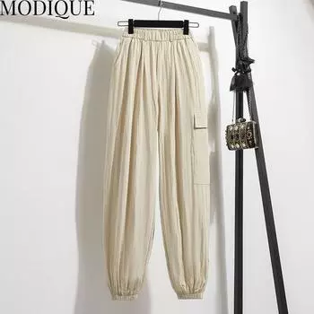 MODIQUE Весна Лето Большие размеры Новые женские свободные длинные эластичные прямые быстросохнущие брюки Спортивные штаны Женские повседневные базовые широкие брюки длиной до щиколотки L чёрный