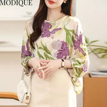 MODIQUE Весна Лето Большие размеры Женская повседневная свободная элегантная хлопковая блузка с цветочным принтом и пышными рукавами Рубашки Женский оверсайз пуловер с круглым вырезом и длинными рукавами XL чёрный