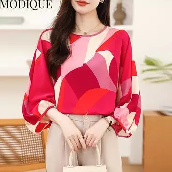 MODIQUE Весна Лето Большие размеры Женская Свободная шелковая блузка с геометрическим принтом и рукавами «летучая мышь» Рубашки Женские повседневные пуловеры больших размеров с круглым вырезом и рукавами четверти XL красный