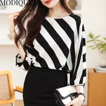 MODIQUE Весна Лето Большие размеры Женская повседневная свободная элегантная хлопковая шелковая блузка в полоску с принтом Футболки Женская мода Oversize пуловер с круглым вырезом и длинными рукавами XL чёрный