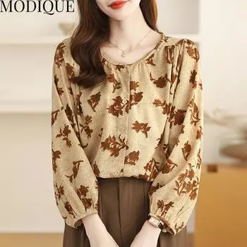 MODIQUE Весна Лето Большие размеры Женская повседневная свободная винтажная хлопково-льняная шифоновая блузка с цветочным принтом с пышными рукавами Рубашки Леди Элегантные пальто большого размера XL дубильная кора