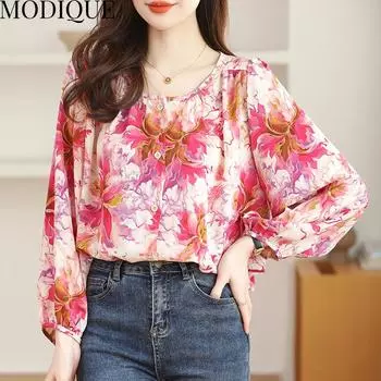 MODIQUE Весна Лето Большие размеры Женская повседневная свободная элегантная хлопковая льняная шифоновая блузка с цветочным принтом с пышными рукавами Рубашки Женские пальто оверсайз с круглым вырезом XL розовый