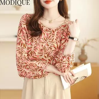 MODIQUE Весна Лето Большие размеры Женские повседневные свободные элегантные хлопковые льняные шифоновые блузки с принтом листьев Рубашки женские большие пальто с круглым вырезом и длинными рукавами XL оранжевый
