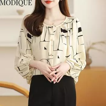 MODIQUE Весна Лето Большие размеры Женские свободные повседневные элегантные льняные блузки с абстрактным принтом Рубашки Женские базовые пальто оверсайз с круглым вырезом и рукавами «летучая мышь» M