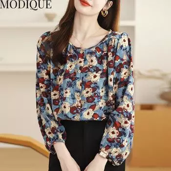 MODIQUE Весна Лето Большие размеры Женские повседневные свободные хлопчатобумажные льняные блузки с цветочным принтом в стиле фолк, рубашки, женские элегантные пальто большого размера с круглым вырезом и длинными рукавами XL синий
