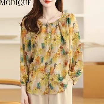 MODIQUE Весна Лето Большие размеры Женские повседневные свободные элегантные хлопковые льняные шифоновые блузки с цветочным принтом Рубашки женские большие пальто с круглым вырезом и длинными рукавами XL бежевый