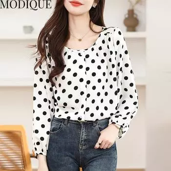 MODIQUE Весна Лето Большие размеры Женские повседневные свободные элегантные хлопковые льняные шифоновые блузки в горошек с принтом Рубашки Женская мода Oversize пальто с круглым вырезом и длинными рукавами XL белый