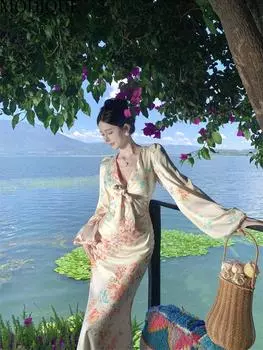 MODIQUE Весна Лето Женские Элегантные пляжные платья с цветочным принтом и открытой спиной с запахом «рыбий хвост» Длинные платья Holiday Lady Fairycore Сексуальные платья с v-образным вырезом и пышными рукавами L