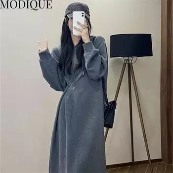 MODIQUE Весна Плюс Размер Новые Женщины Свободные Тонкая Талия Трапеции С Капюшоном Сплошной Цвет Длинные Платья Женские Основы Повседневные Хлопковые Платья С Длинным Рукавом XL чёрный