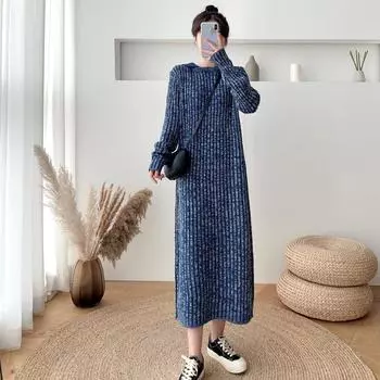 MODIQUE Весна Плюс Размер Новые Женские Свободные Базовые Теплые Вязаные Свитера С Капюшоном О-Образным Вырезом Длинные Платья Женская Повседневная Длинная Рукавная Юбка XL чёрный