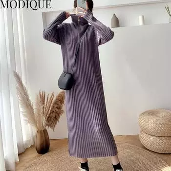 MODIQUE Весна Плюс Размер Женщины Свободные Основы Сладкое Вязание Сплошной Цвет Минималистичный Свитер Длинные Платья Женская Оверсайз Повседневная Юбка с Длинным Рукавом XL чёрный